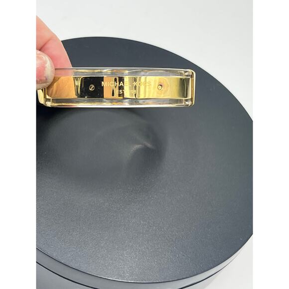 Michael Kors Gold Tone Acetate Acrylic Hinge Logo Plaque Bangle Bracelet MKJ5603 - Picture 3 of 14